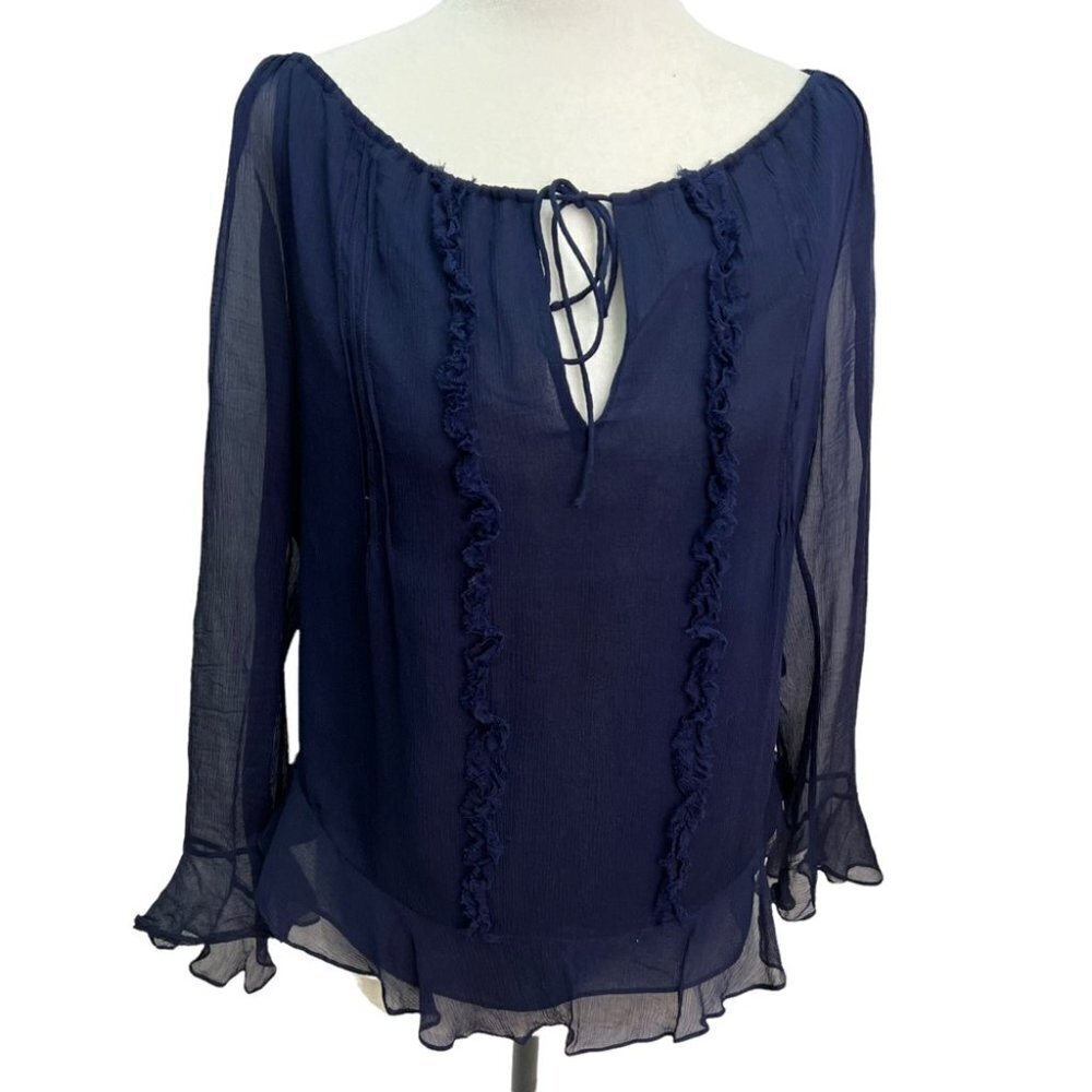 DIANE von FURSTENBURG Navy Peasant Long Sleeve Sheer Blouse Size S